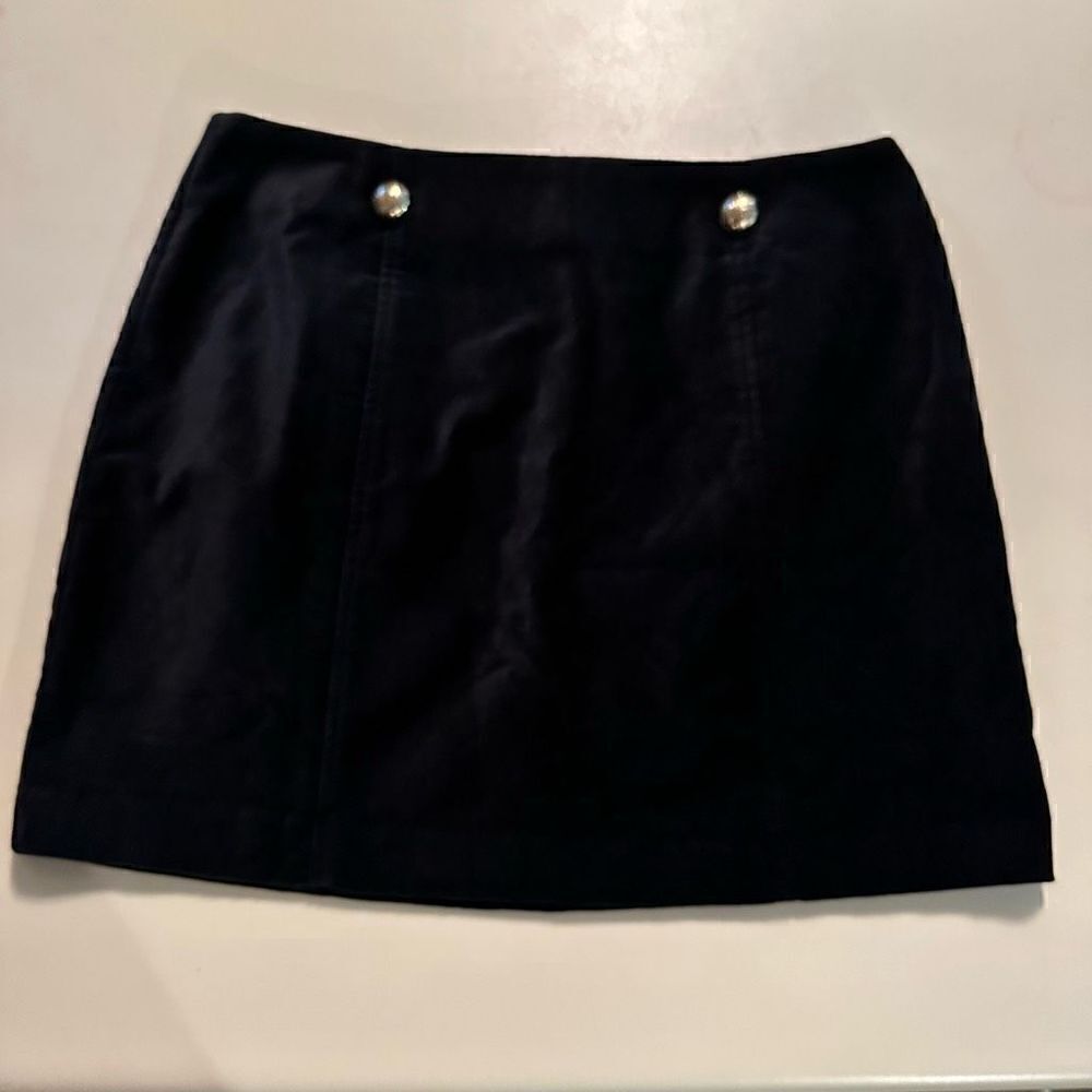 ModCloth Womens Black with Gold Tone Faux Buttons Velvet Stretch Mini Skirt Sz 8